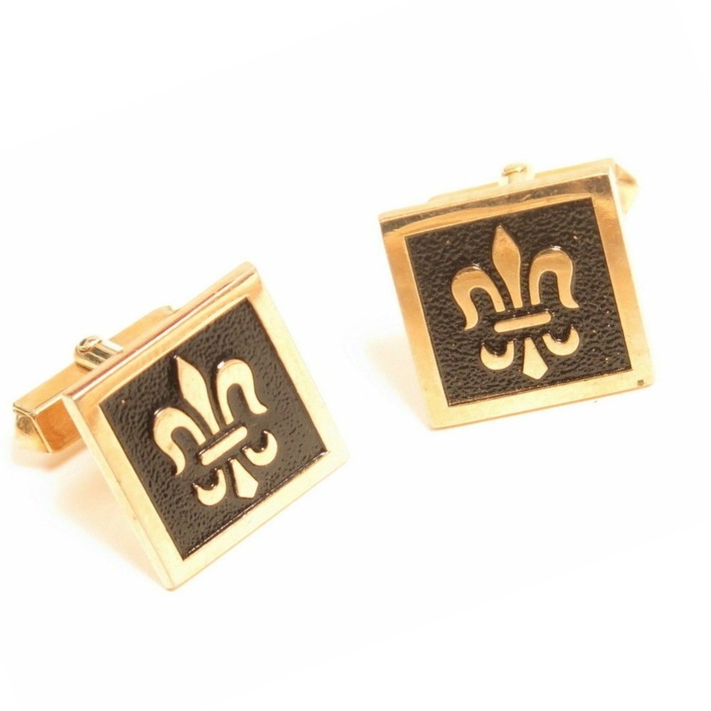Vintage Fleur De Lys Black Enamel Gold Plated Cufflinks*Groom*Men Formal Jewelry